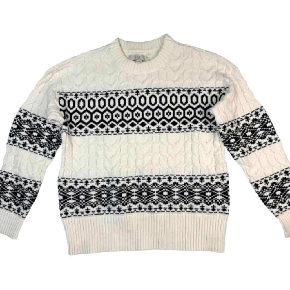 Loft White and Black Fair Isle Cable Knit Crewneck Sweater Size XS